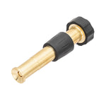 Studio image of a brass adjustable hose nozzle lying diagonally showing the tip