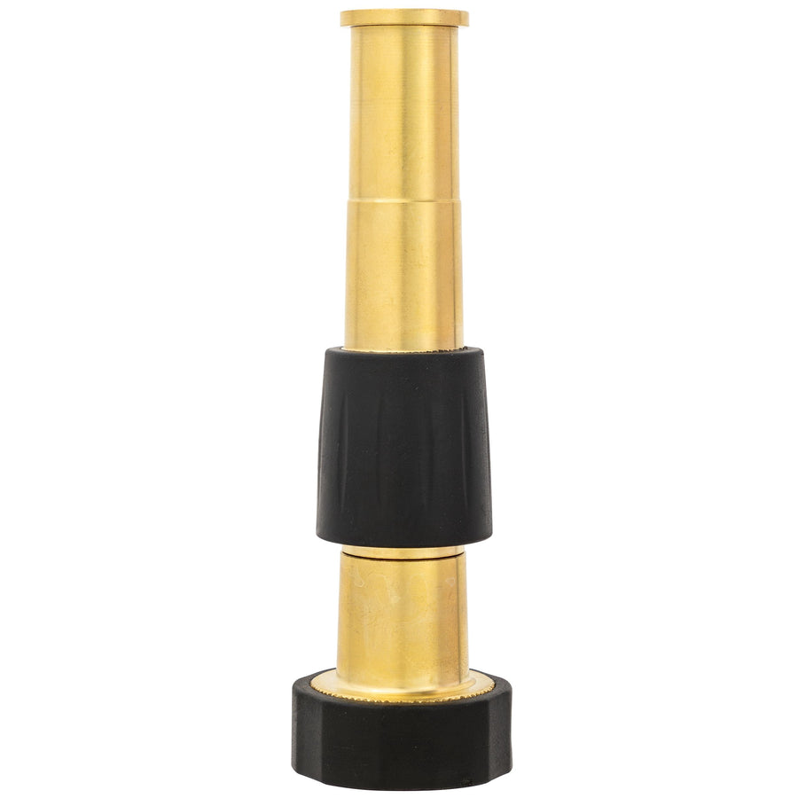 Close-up studio image of a brass adjustable twist hose nozzle with black grip