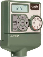 Close three-quarter view of Orbit Easy Dial sprinkler timer showing LCD, dial and button pad