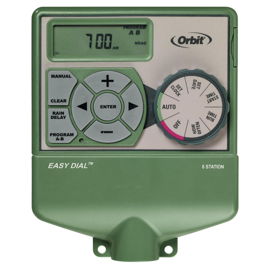 Front-facing Orbit Easy Dial irrigation timer with LCD, dial and control buttons
