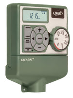 Three-quarter view of Orbit Easy Dial sprinkler timer showing LCD, main dial and control pad