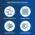 Infographic panel titled High-Performance Features showing icons for metal construction and insulated handle