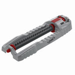 Silver and red Orbit oscillating lawn sprinkler on white background, angled product shot