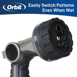Close-up front-angle of Orbit nozzle head with pattern dial and branding banner reading easily switch patterns