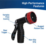 Labeled product image of an Orbit nozzle pointing right with callouts for variable flow control, rear trigger and non-slip grip