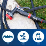 Orbit black and red hose nozzle and connected hose laying on concrete and grass with three blue usage icons below
