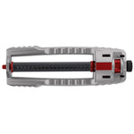 Top-down view of a silver and red Orbit oscillating sprinkler showing nozzle row and connector