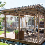 Wooden pergola over a deck with fine misting spray lines creating a cooling mist above an outdoor dining set.