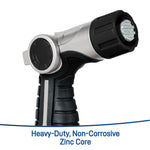 Angled view of Orbit Pro heavy-duty adjustable hose nozzle showing zinc core text at bottom