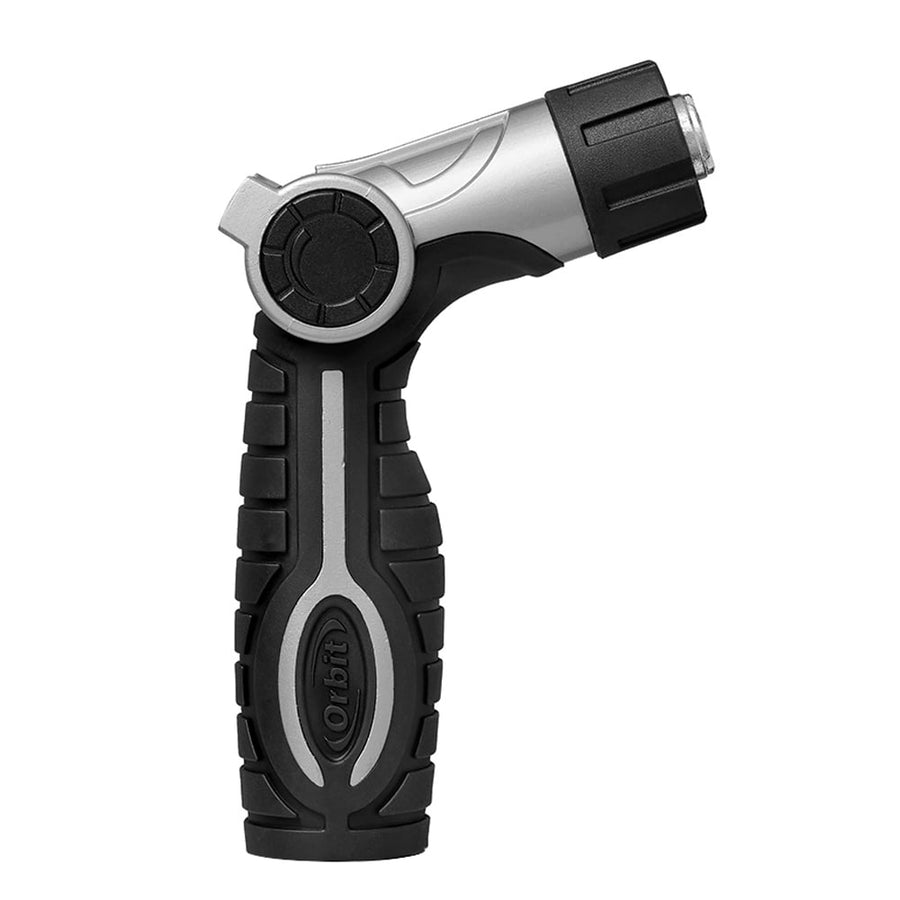 Close-up of a black and silver Orbit Pro pistol-style adjustable hose nozzle on white background