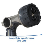 Front-angle view of Orbit Pro nozzle head and handle with caption noting heavy-duty non-corrosive zinc core