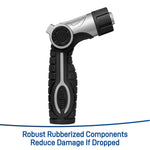 Front-angle view of Orbit Pro rubberized pistol-grip adjustable hose nozzle with feature text below