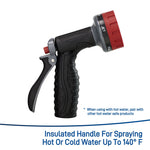 Side profile of a black Orbit rear-trigger nozzle with red pattern dial and insulated handle on white background