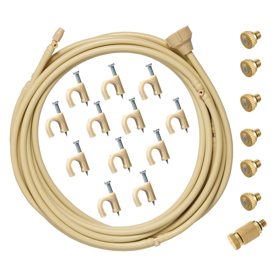 Coiled tan misting tubing with plastic U-clips, brass mist nozzles and a threaded hose connector on white background.