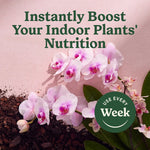 Pink floral arrangement of orchid blooms with soil and a round badge reading 'Use Every Week' and headline about boosting nutrition.
