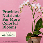 Potted white orchid against a pink background with text promoting nutrients for more colorful blooms and NPK .02-.02-.02.