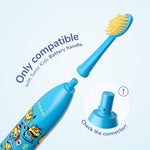 Exploded view showing a blue Ordo Sonic Kids brush head detaching from a Minions-themed battery handle with connector callout.