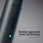 Close-up of the ORDO Sonic Edge toothbrush handle showing embossed brand name, power button and illuminated status LED with marketing text.