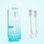 Ordo blue retail card showing a single replacement brush head displayed alongside two loose white oscillating kids brush heads.