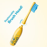 Exploded view of yellow Ordo Sonic Kids toothbrush with detachable blue-bristled brush head and 'replaceable brush head' label.