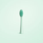 Mint-green replacement sonic toothbrush head standing upright on a pale background