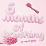 Promotional pink graphic with toothbrush heads and large text reading '6 months of brushing' and a toothbrush close-up.
