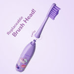 Exploded view of purple Ordo toothbrush with a detachable replaceable brush head and instructional 'twist' callout text
