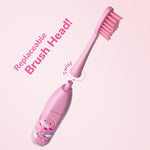 Exploded view of a pink Ordo kids toothbrush and removable brush head with 'replaceable brush head' instructional text