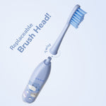 Blue Ordo toothbrush handle with Squishmallows characters and a brush head being removed, text 'Replaceable Brush Head' visible.