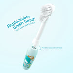 Replaceable brush head being removed from mint Ordo kids toothbrush with text calling out extra-soft bristles.