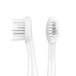 Two white Ordo Sonic brush heads shown from side and front angles highlighting bristle profile and oval brush face
