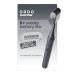 Front-facing product box for the ORDO Sonic Edge charcoal rechargeable toothbrush showing the brush image and “6+ weeks battery life” claim.