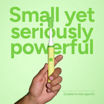 Hand holding a lime sorbet Ordo Sonic Edge electric toothbrush against a green background with bold promotional text.