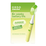 Ordo Sonic Edge rechargeable toothbrush in lime sorbet shown on product box with battery life and dentist-approved claims.