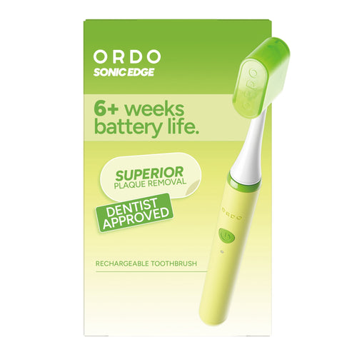 Ordo Sonic Edge rechargeable toothbrush in lime sorbet shown on product box with battery life and dentist-approved claims.