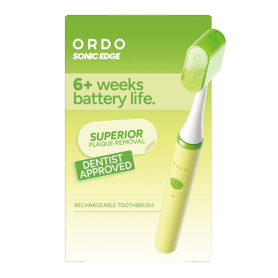 Ordo Sonic Edge rechargeable toothbrush in lime sorbet shown on product box with battery life and dentist-approved claims.