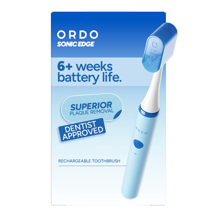 Packaged Ordo Sonic Edge rechargeable toothbrush in light blue with product claims and battery-life callouts