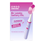 Ordo Sonic Edge rechargeable toothbrush packaging in lavender and fuchsia with product image and battery life callouts.