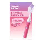 Packaging-style product graphic showing a pink Ordo Sonic Edge rechargeable toothbrush and box art with battery life and dentist-approved badges