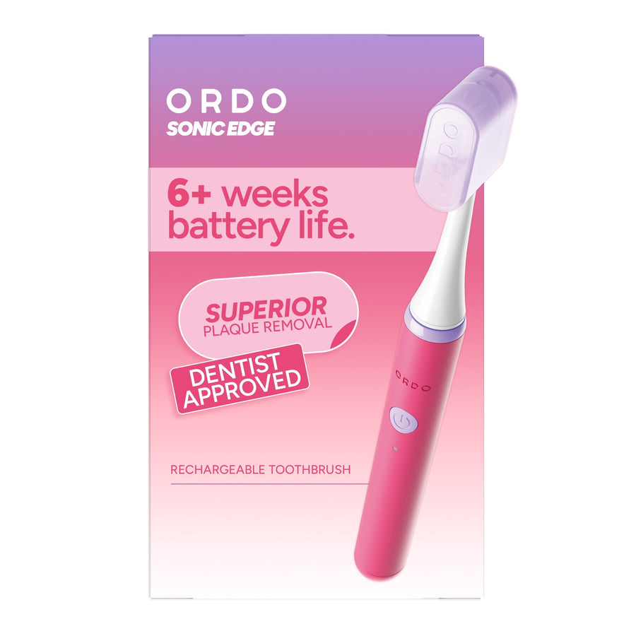 Packaging-style product graphic showing a pink Ordo Sonic Edge rechargeable toothbrush and box art with battery life and dentist-approved badges