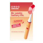 Ordo Sonic Edge peach rechargeable toothbrush packaging showing product image and claims