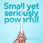 Hand holding a white Ordo Sonic Edge toothbrush upright against teal background with large headline text
