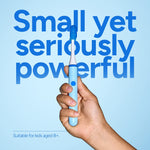 Hand holding a light-blue Ordo Sonic Edge toothbrush against blue background with large tagline text
