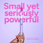 Lavender and fuchsia Ordo Sonic Edge toothbrush held upright against a purple background with bold headline text.