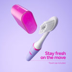 Ordo Sonic Edge toothbrush head and pink travel cap floating on a purple background with copy about staying fresh on the move.