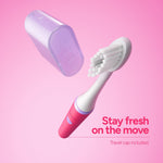 Pink Ordo toothbrush head and translucent travel cap floating on a pink background with text ‘Stay fresh on the move’