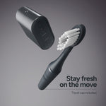 ORDO Sonic Edge charcoal brush head and detachable travel cap shown floating, highlighting the bristles and travel-cap accessory.