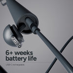 Detail view of the ORDO Sonic Edge toothbrush being USB-C charged, showing cable inserted into the handle and a battery-life claim.