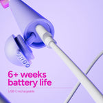 Detail view of Ordo Sonic Edge toothbrush USB-C charging port and cap with text highlighting six plus weeks battery life.