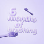Promotional lilac graphic reading “6 months of brushing” with two purple Ordo-style toothbrush heads floating around the text.